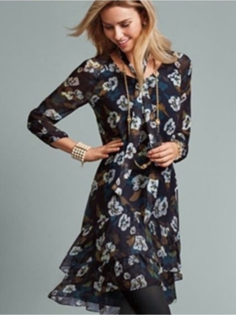 Cabi Pirouette Floral Dress (Style #3460) teals browns cream size Xs